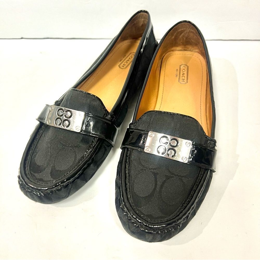 Coach Black Signature Jacquard & Patent Leather Loafers with Silver Hardware Sz